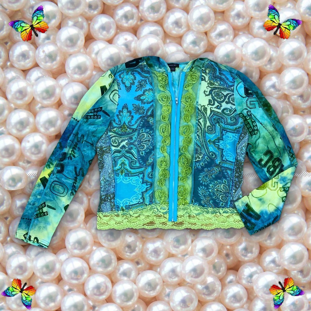 'Piano' Velvet / Neon Green Lace Jacket Sz M-L